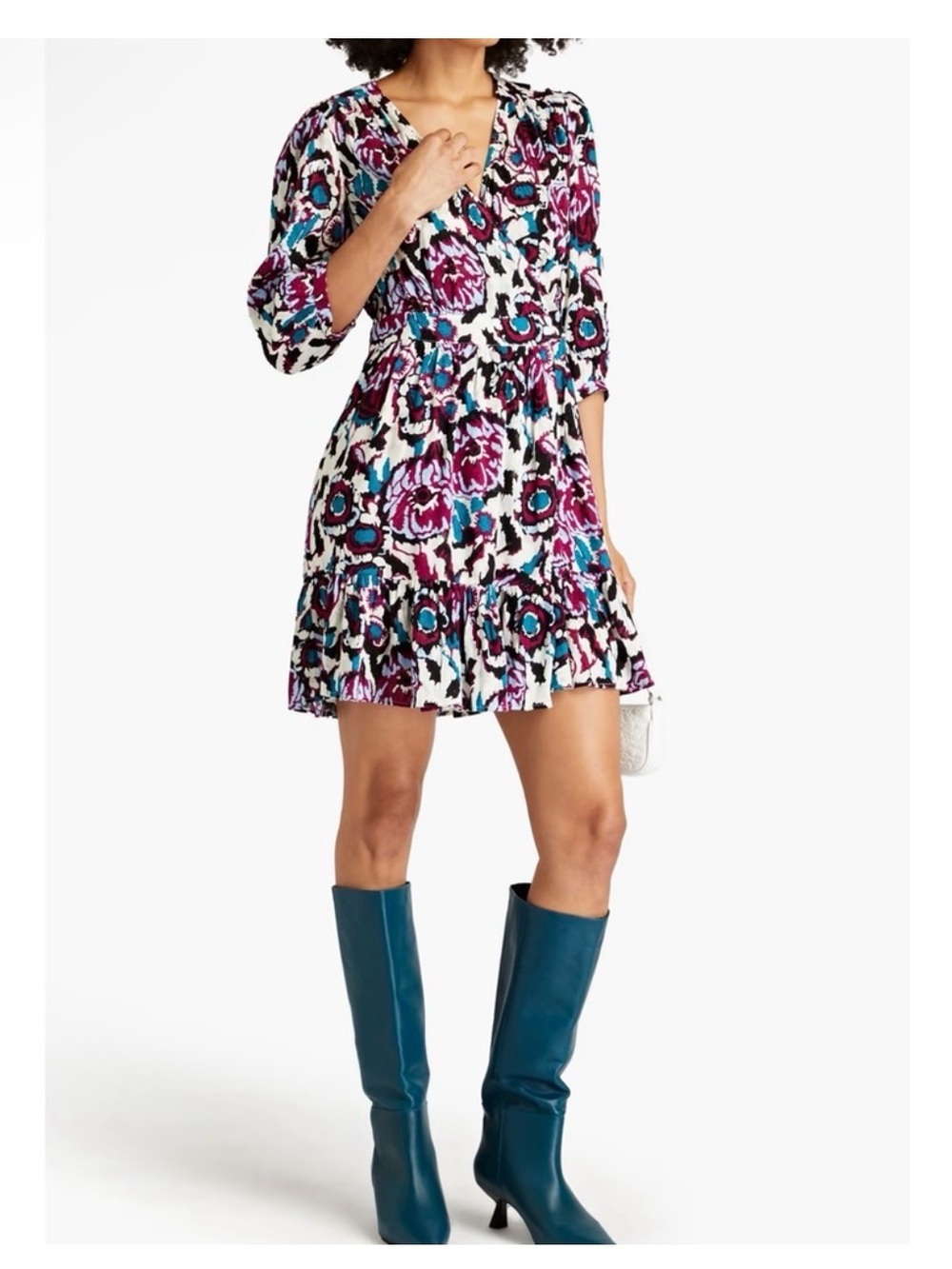 NEW ba&sh Floral Print Wrap Dress in White, Magenta & Teal